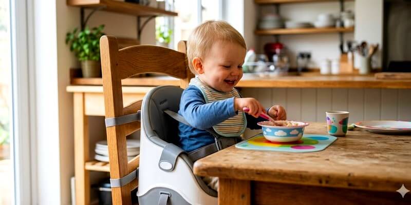 Bébé sur un rehausseur de chaise pour bébé