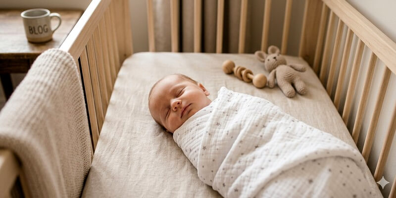 Bébé emmailloté dans son berceau