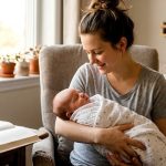 Maman avec son bébé emmailloté