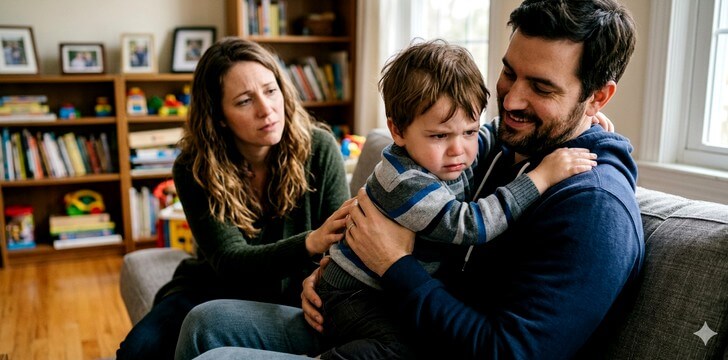 Un petit enfant en colère contre sa maman et préfère son papa