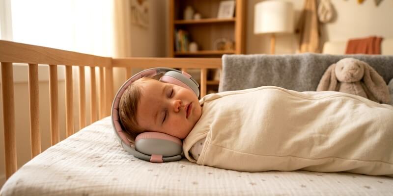 Bébé qui dort avec un casque anti bruit